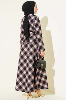 Ekoseli Desenli Etekli Bluzlu Takım Siyah - Thumbnail