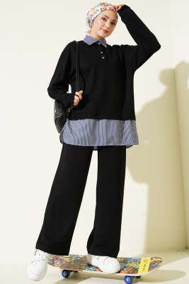 Yarım Düğmeli Garnili Takım Siyah - Thumbnail