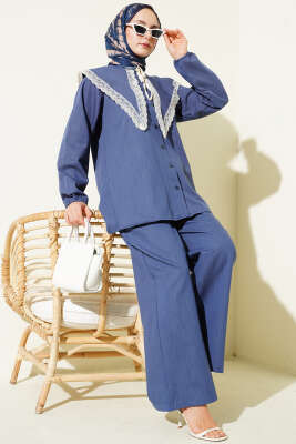 Pazarium - Denizci Yaka Dantelli Etekli İkili Takım Mavi