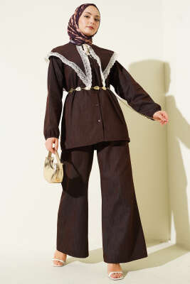 Pazarium - Denizci Yaka Dantelli Etekli İkili Takım Kahve