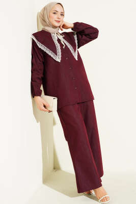 Denizci Yaka Dantelli Etekli İkili Takım Bordo - Thumbnail