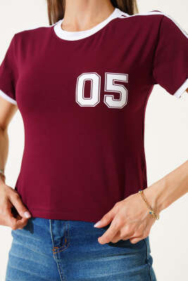 05 Baskılı T-shirt Bordo - Kadın Giyim Modelleri