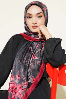 120 cm Çiçek Desen Eşarp Bordo - Başörtüsü