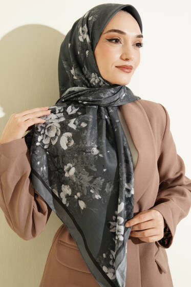 120 cm Çiçek Desen Eşarp Füme - Başörtüsü