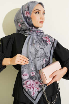 120 cm Çiçek Desen Eşarp Gri 