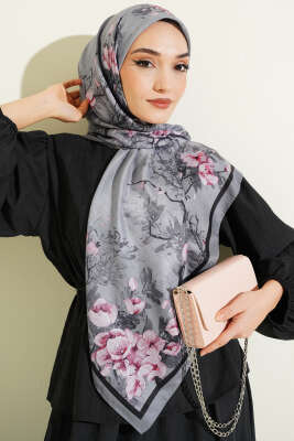 120 cm Çiçek Desen Eşarp Gri - Başörtüsü