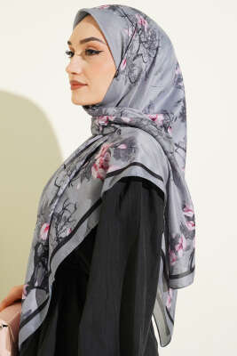 120 cm Çiçek Desen Eşarp Gri - Başörtüsü