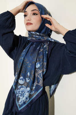 120 cm Çiçek Desen Eşarp Lacivert 