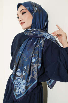 120 cm Çiçek Desen Eşarp Lacivert - Başörtüsü