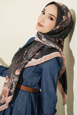 120 cm Çiçek Desen Eşarp Latte - Başörtüsü