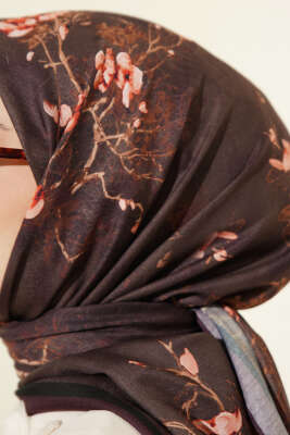 120 cm Çiçek Desen Eşarp Mürdüm - Başörtüsü