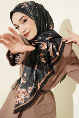 120 cm Çiçek Desen Eşarp Siyah - VERTU (NYD TEKSTİL)