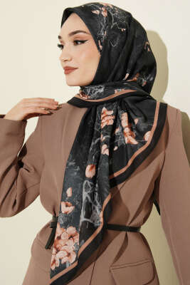 120 cm Çiçek Desen Eşarp Siyah - Başörtüsü