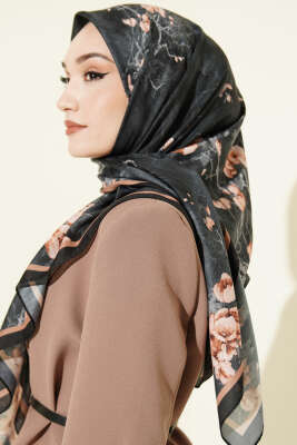 120 cm Çiçek Desen Eşarp Siyah - Başörtüsü