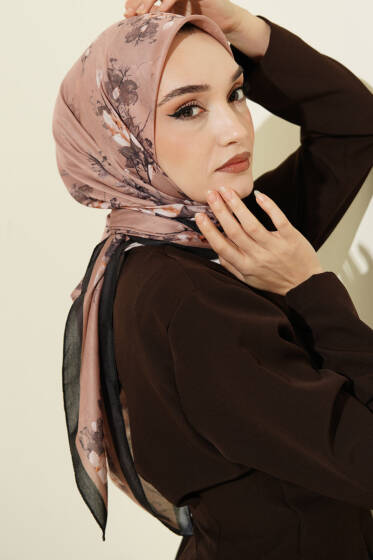 120 cm Çiçek Desen Eşarp Siyah Latte - Başörtüsü