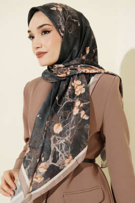 120 cm Çiçek Desen Eşarp Siyah Vizon - VERTU (NYD TEKSTİL)