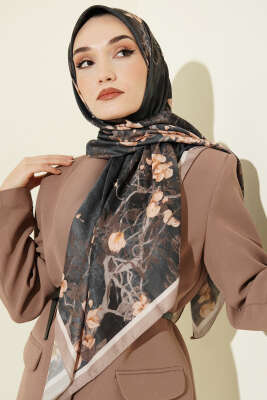 120 cm Çiçek Desen Eşarp Siyah Vizon - Başörtüsü
