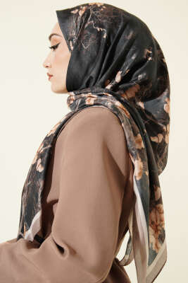 120 cm Çiçek Desen Eşarp Siyah Vizon - Başörtüsü