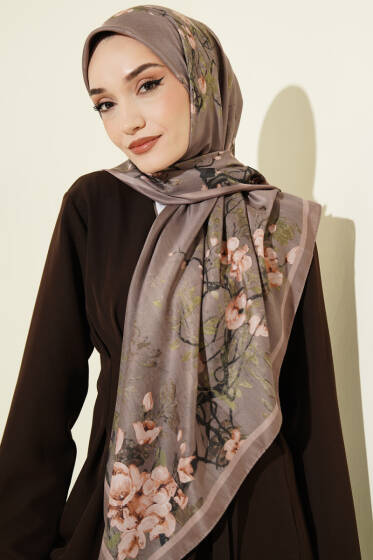 120 cm Çiçek Desen Eşarp Vizon - Başörtüsü