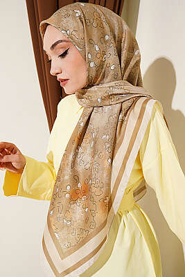 120 cm Çiçek Detaylı Soft Eşarp Bej - Başörtüsü