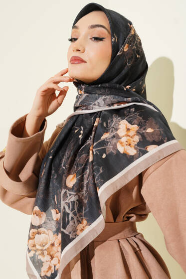 120 cm Çiçekli Soft Eşarp Bej - Başörtüsü
