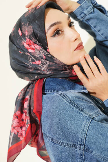 120 cm Çiçekli Soft Eşarp Bordo - Başörtüsü