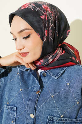 120 cm Çiçekli Soft Eşarp Bordo - Başörtüsü