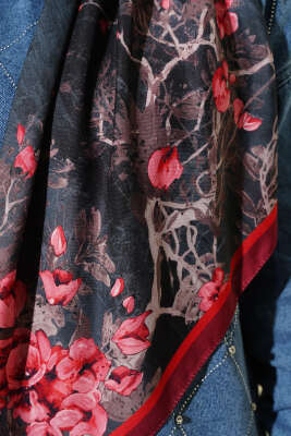 120 cm Çiçekli Soft Eşarp Bordo - Başörtüsü