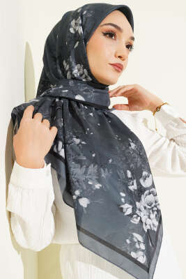 120 cm Çiçekli Soft Eşarp Füme - Başörtüsü