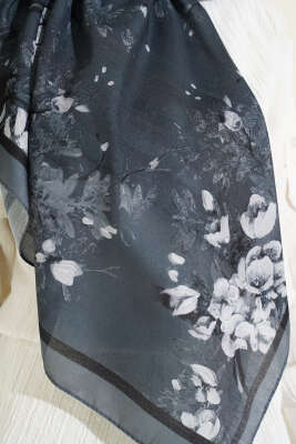 120 cm Çiçekli Soft Eşarp Füme - Başörtüsü