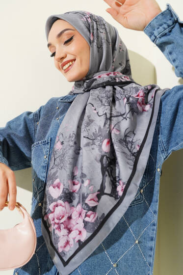 120 cm Çiçekli Soft Eşarp Gri - Başörtüsü