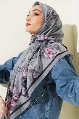 120 cm Çiçekli Soft Eşarp Gri - Başörtüsü