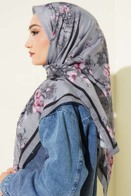 120 cm Çiçekli Soft Eşarp Gri - Başörtüsü