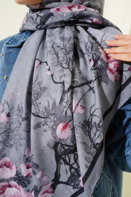 120 cm Çiçekli Soft Eşarp Gri - Başörtüsü