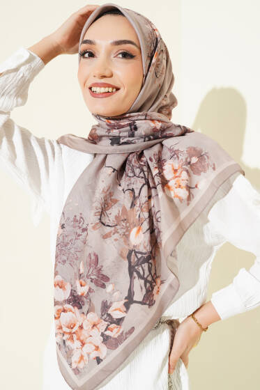 120 cm Çiçekli Soft Eşarp Kum Bej - Başörtüsü