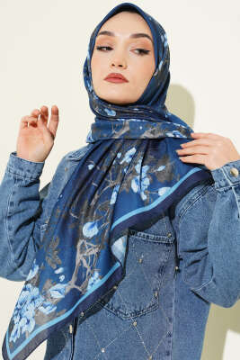 120 cm Çiçekli Soft Eşarp Lacivert - VERTU (NYD TEKSTİL)