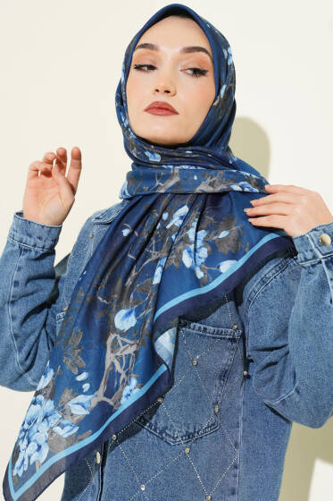 120 cm Çiçekli Soft Eşarp Lacivert - Başörtüsü