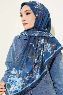 120 cm Çiçekli Soft Eşarp Lacivert - Başörtüsü