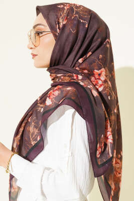 120 cm Çiçekli Soft Eşarp Mürdüm - Başörtüsü