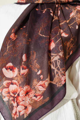 120 cm Çiçekli Soft Eşarp Mürdüm - Başörtüsü