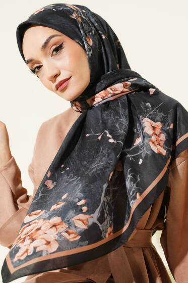 120 cm Çiçekli Soft Eşarp Siyah - Başörtüsü