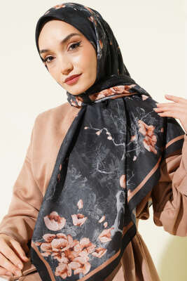 120 cm Çiçekli Soft Eşarp Siyah - Başörtüsü