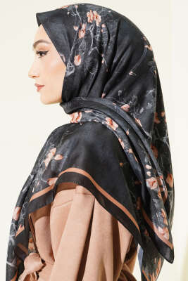120 cm Çiçekli Soft Eşarp Siyah - Başörtüsü
