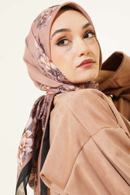 120 cm Çiçekli Soft Eşarp Siyah Latte - Başörtüsü