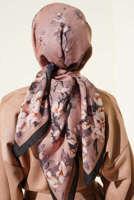 120 cm Çiçekli Soft Eşarp Siyah Latte - Başörtüsü