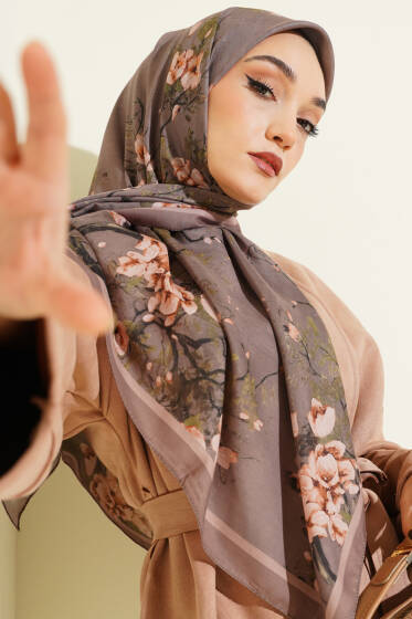 120 cm Çiçekli Soft Eşarp Vizon - Başörtüsü