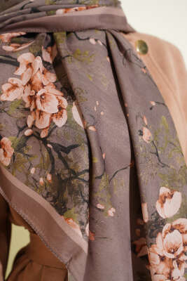 120 cm Çiçekli Soft Eşarp Vizon - Başörtüsü