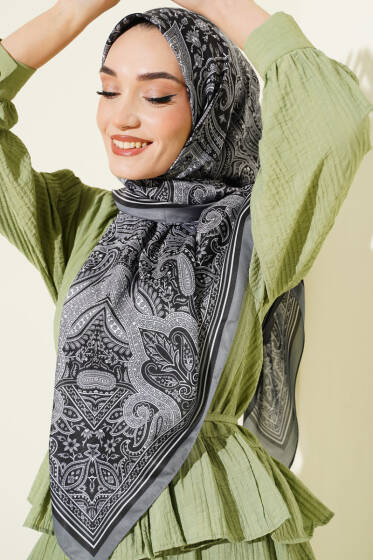 120 cm Etnik Desen Eşarp Füme - Başörtüsü