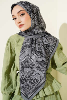 120 cm Etnik Desen Eşarp Füme - Başörtüsü