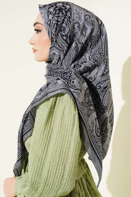 120 cm Etnik Desen Eşarp Füme - Başörtüsü